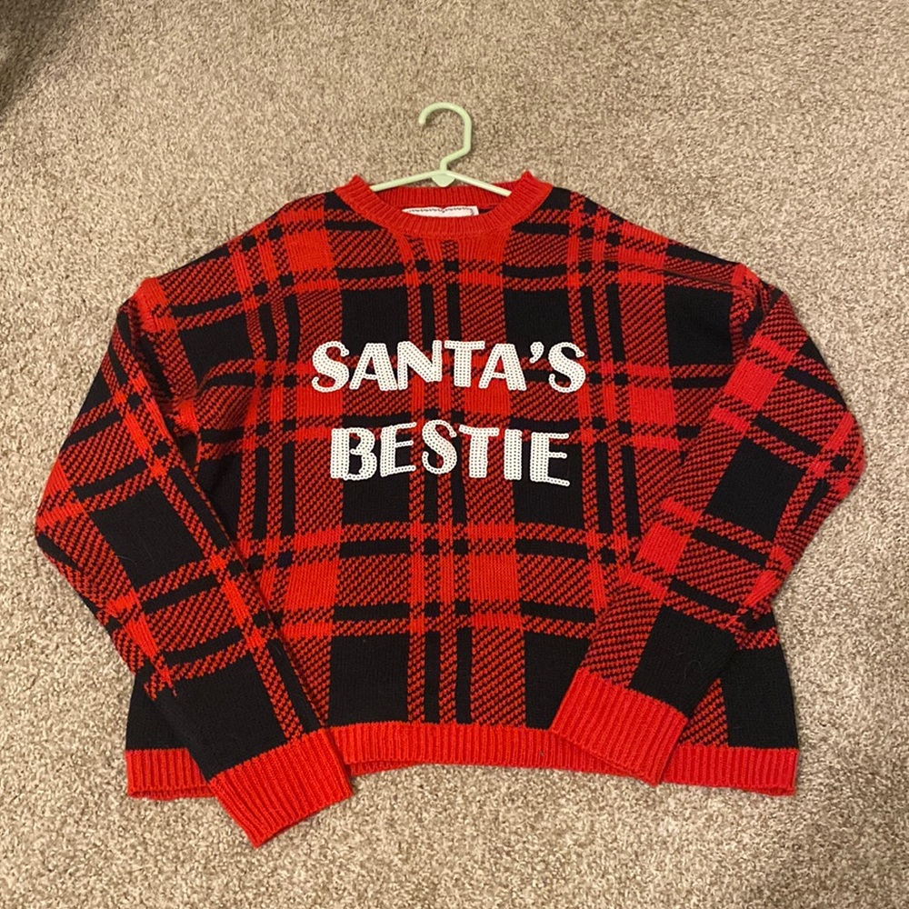 Medium Black and Red Plaid "Santa's Bestie" Sweater